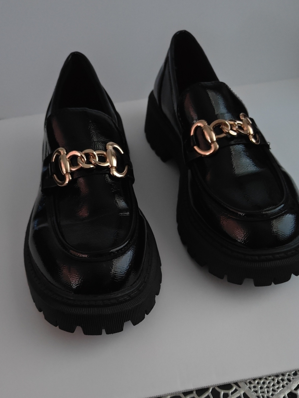 Black Patent Loafers with Gold Chain Accent - Women